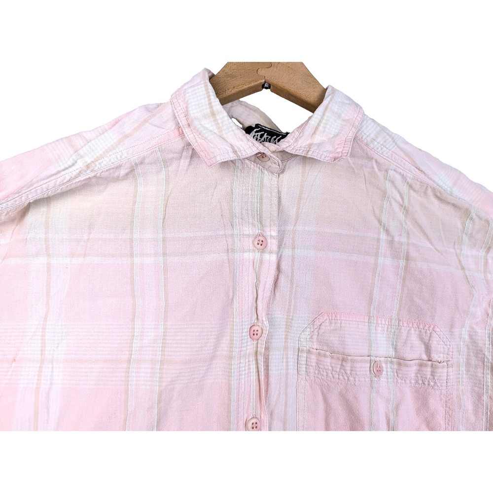 Krazy Kat XL Button Up Pink Checked Plaid Pocket Short Sleeve Tuckable Cotton